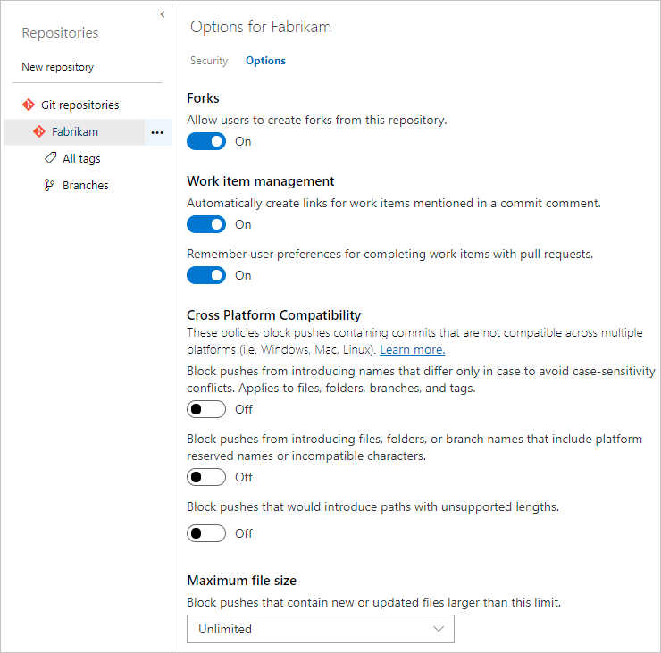 Captura de ecrã de Opções para o repositório da Fabrikam.