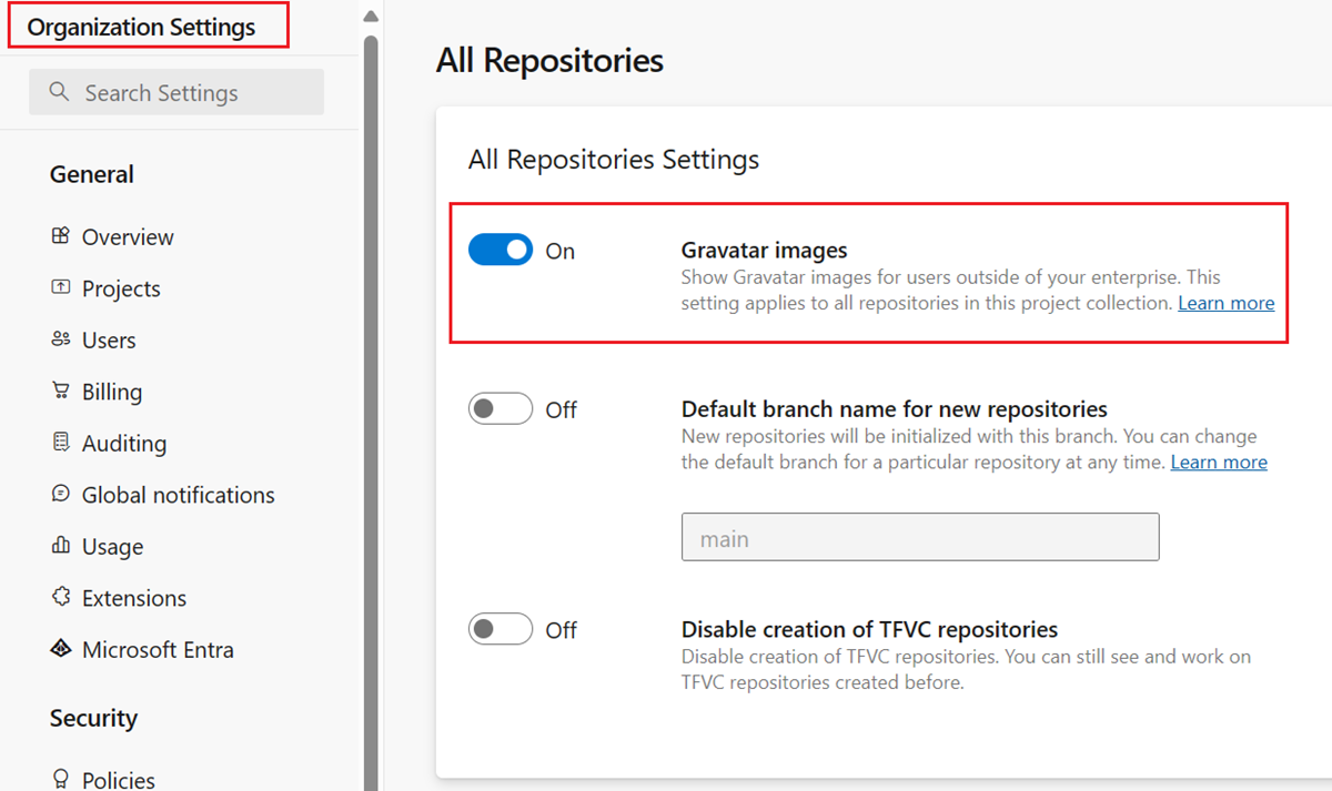 Captura de tela que mostra a configuração no nível da organização para imagens do Gravatar.