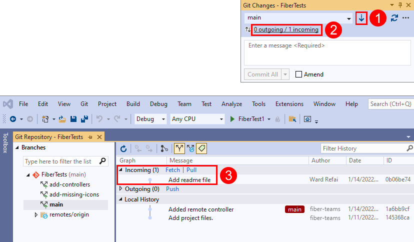 Captura de tela dos botões Buscar, Puxar, Pressionar e Sincronizar na janela 'Git Changes' do Visual Studio.