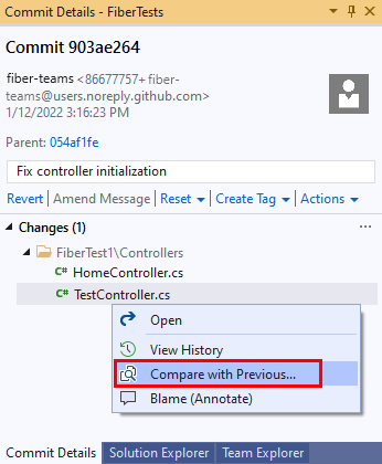 Captura de tela da opção 'Comparar com anterior' na janela 'Confirmar detalhes' no Visual Studio 2019.