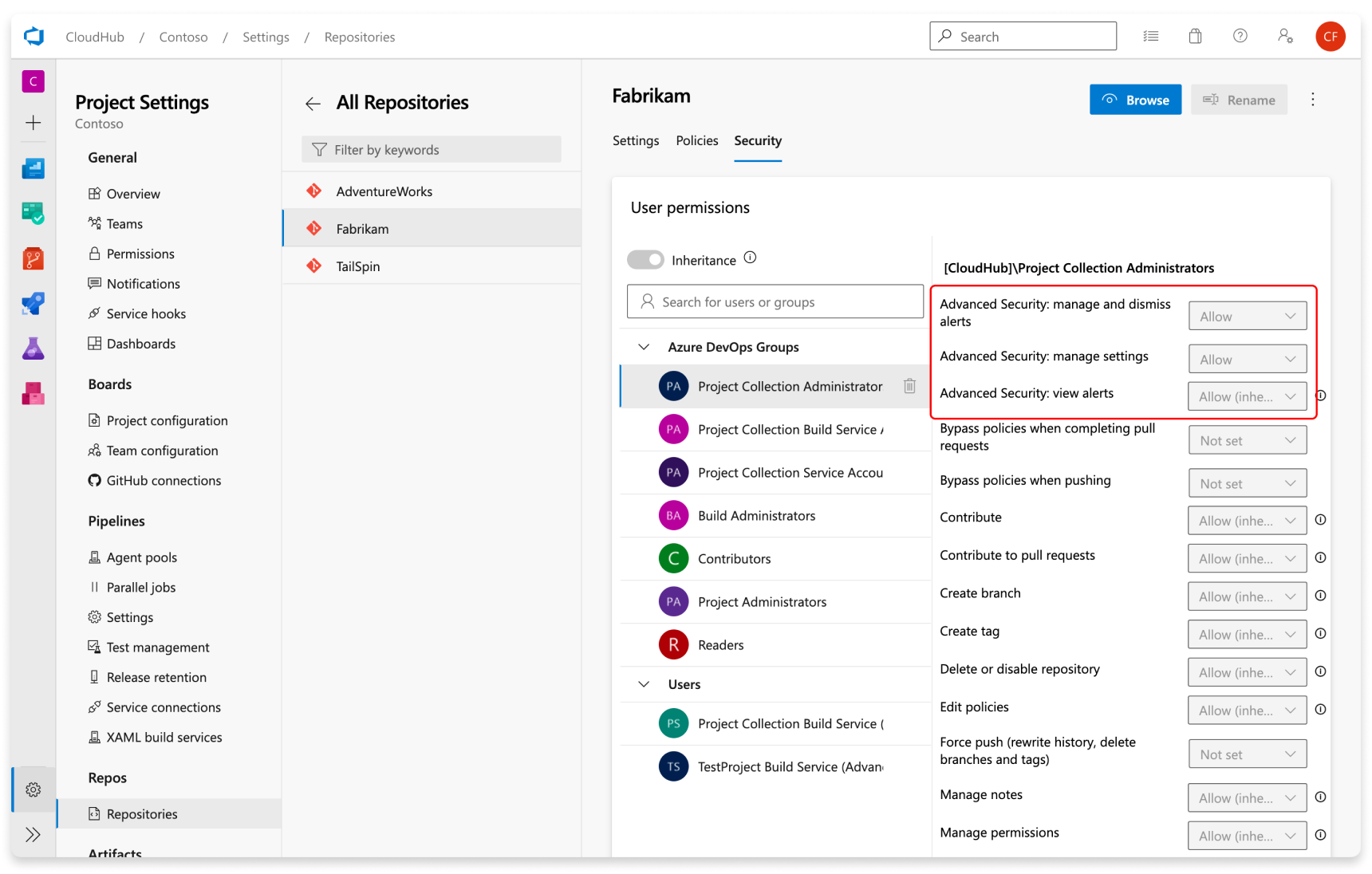 Captura de tela mostrando o ajuste de permissões para um repositório específico