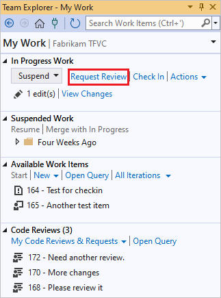 Captura de tela do link Solicitar revisão da página Meu Trabalho do Team Explorer.