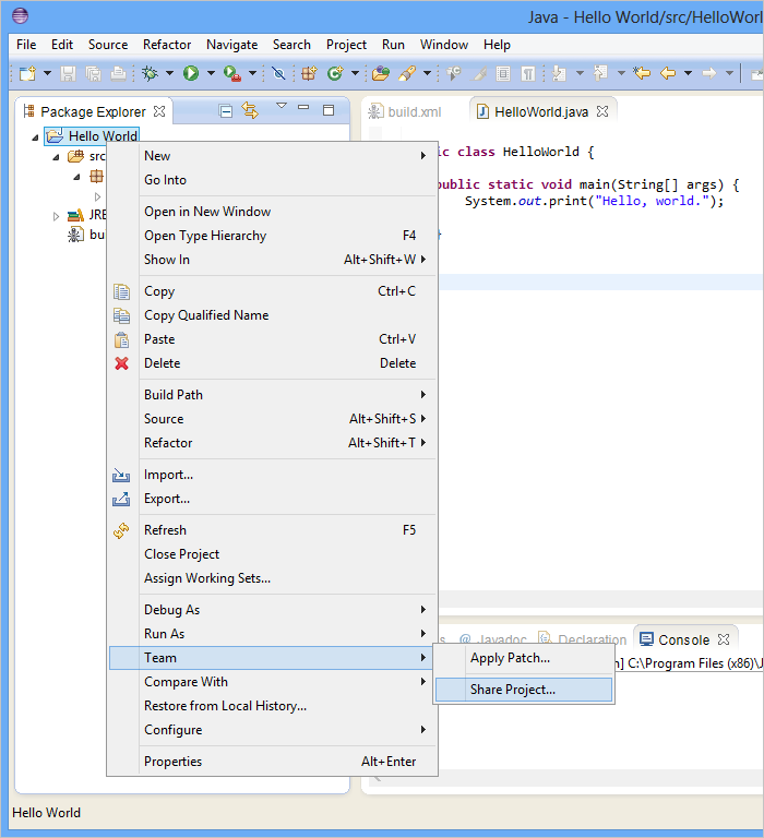 No Explorador de Pacotes, o menu de contexto do projeto, Equipe, Compartilhar Projeto