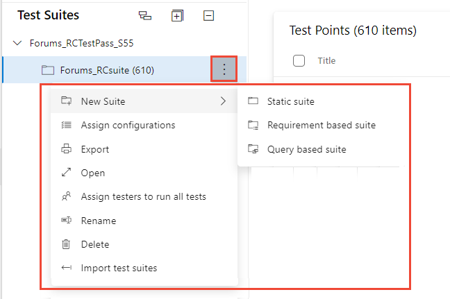 Opções do menu da árvore de suítes de teste