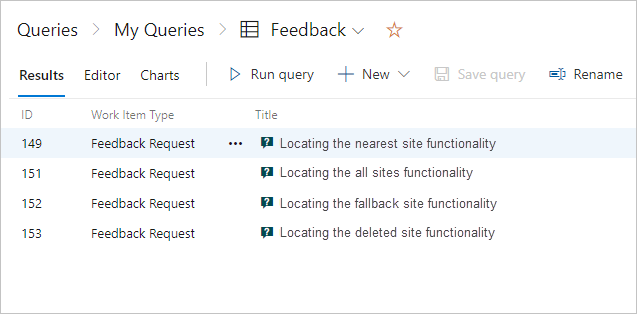 Captura de tela mostra a exibição de resultados de itens de trabalho de solicitação de feedback.