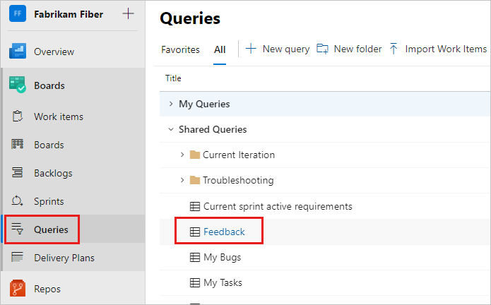 Captura de tela mostra Quadros com Consultas selecionadas e a consulta de Feedback selecionada.