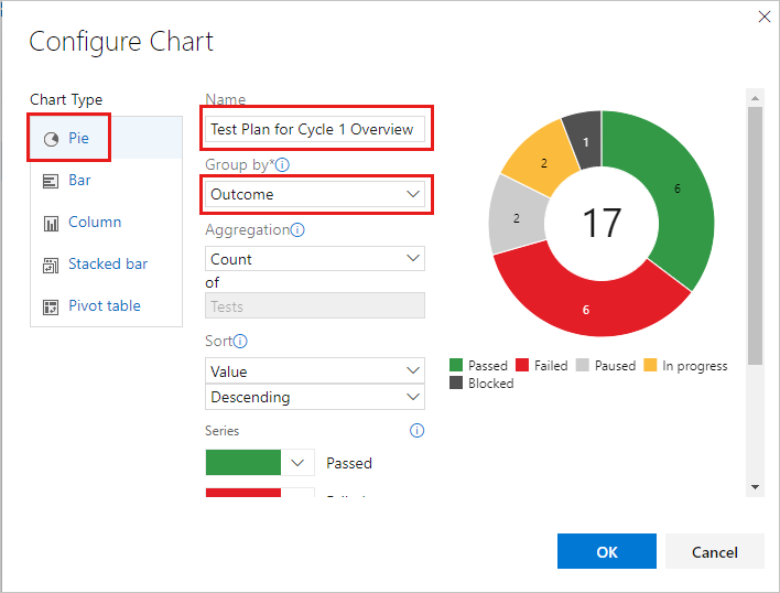 Captura de ecrã da caixa de diálogo Configurar Gráfico onde pode introduzir o tipo de gráfico, o nome e outras definições.