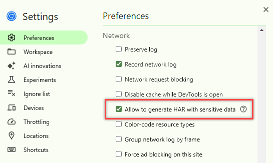 Captura de tela mostra a marca de seleção ao lado de Preferência de rede do Google Chrome, Permitir gerar HAR com dados confidenciais.