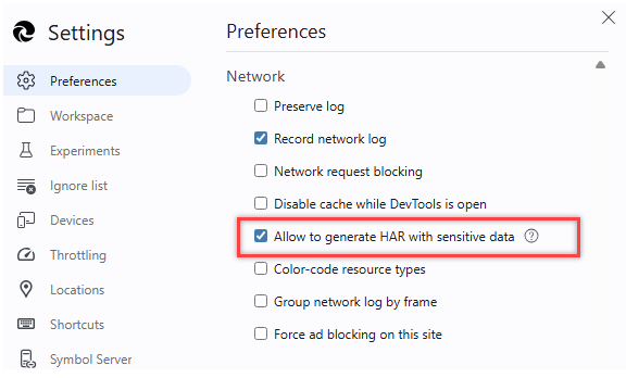 Captura de tela mostra a marca de seleção ao lado de Preferência de rede do Microsoft Edge, Permitir gerar HAR com dados confidenciais.