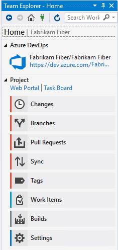 Captura de tela do Visual studio 2019, página inicial do Team Explorer com o Git como controle de origem.