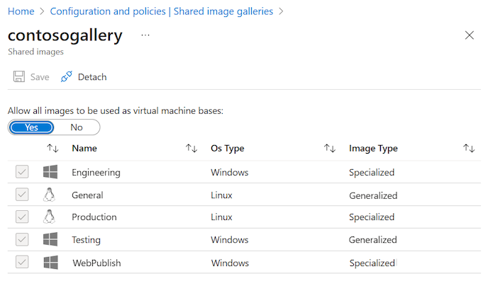 Captura de tela da lista de imagens na galeria compartilhada com indicadores de caixa de seleção para mostrar as imagens permitidas para a criação de VM.