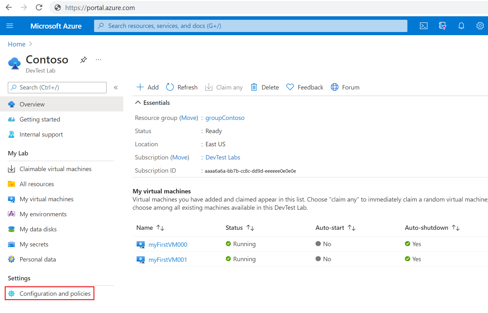 Captura de ecrã que mostra a seleção de Configuração e políticas no menu de navegação esquerdo.