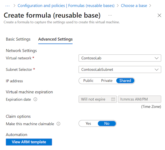 Captura de ecrã de um exemplo de separador de configuração de Definições Avançadas para adicionar uma fórmula no DevTest Labs.