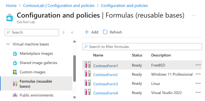 Captura de tela que mostra a lista de fórmulas e bases reutilizáveis para um laboratório no DevTest Labs.