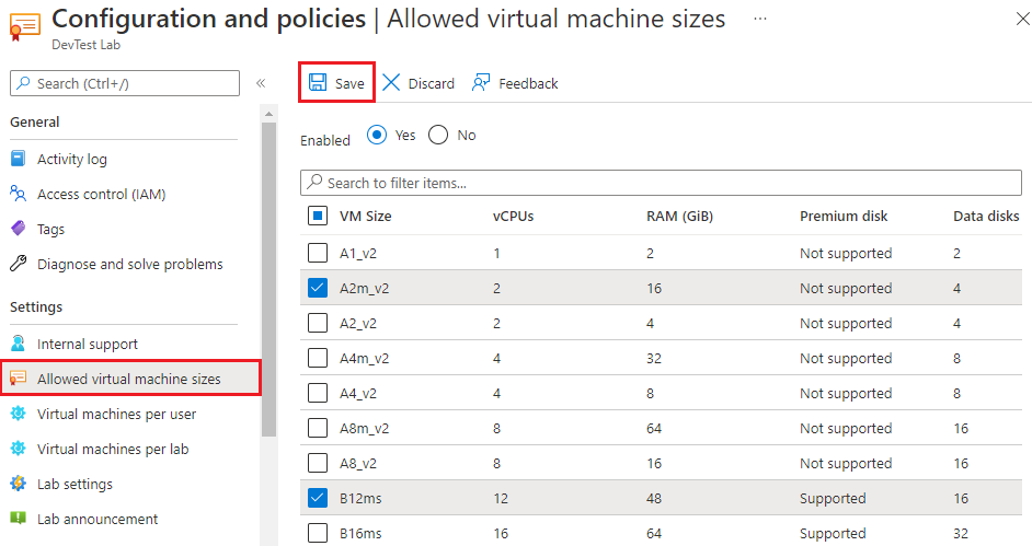 Captura de ecrã a mostrar tamanhos de máquinas virtuais permitidos.