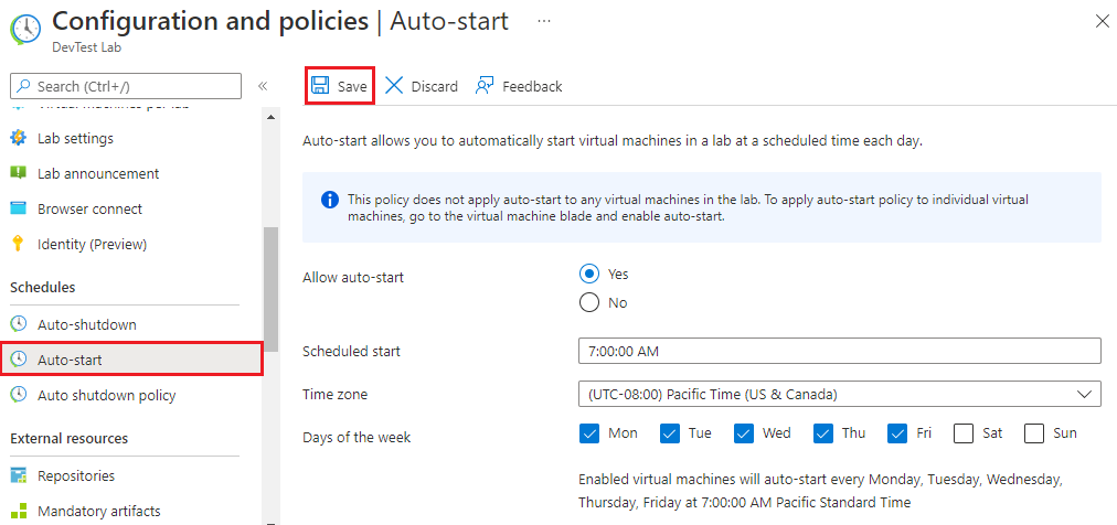 Captura de ecrã a mostrar a seleção de Início Automático.