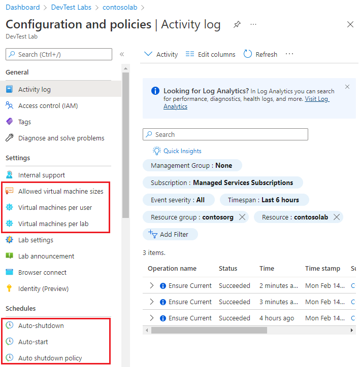 Captura de ecrã que mostra as opções de Configuração e Políticas de um laboratório.