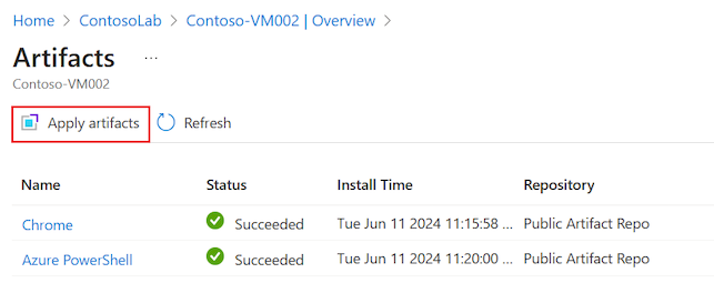 Captura de tela que mostra como confirmar que os artefatos podem ser aplicados à máquina virtual do DevTest Labs.