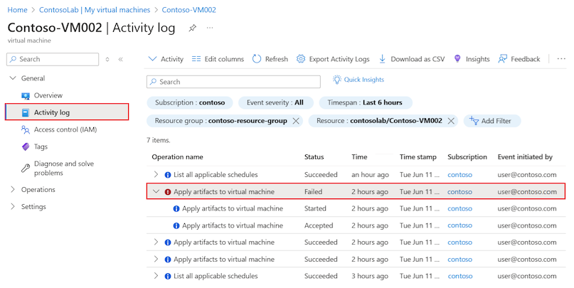 Captura de tela que mostra como localizar a entrada do log de atividades de um artefato com falha na VM de laboratório.