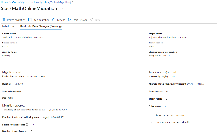 Captura de tela de uma migração de monitoramento.