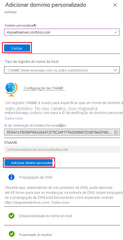 Captura de ecrã de adicionar página de domínio personalizada para aplicação Web.