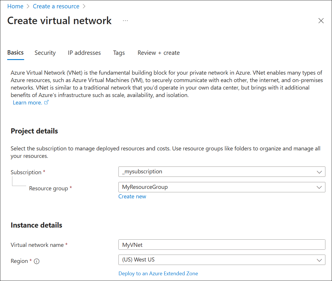 Captura de ecrã a mostrar a criação de um separador Noções básicas de rede virtual.