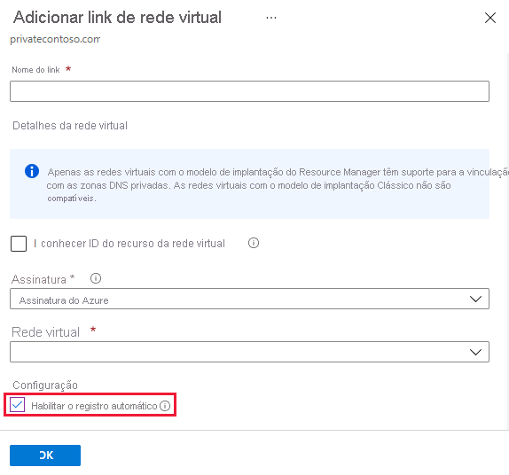 Captura de tela de habilitar o registro automático na página de link de rede virtual de adição.