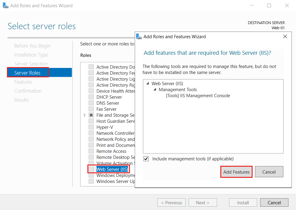 Captura de ecrã do Assistente para Adicionar Funções e Funcionalidades no Windows Server 2019 a mostrar como instalar o I I S Web Server adicionando a função Servidor Web.