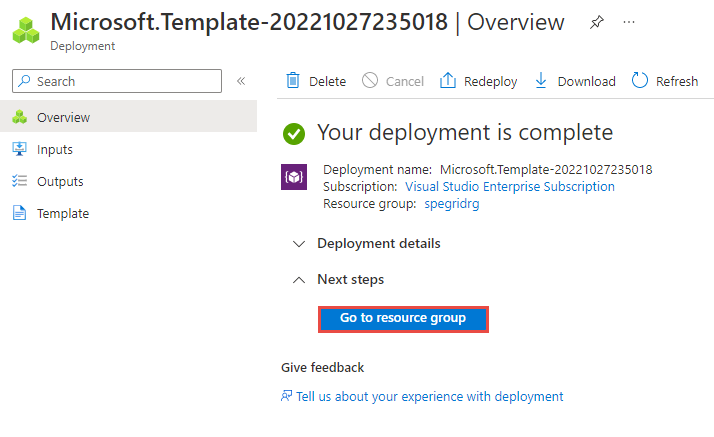 Captura de tela mostrando a página de implantação bem-sucedida com um link para ir para o grupo de recursos.