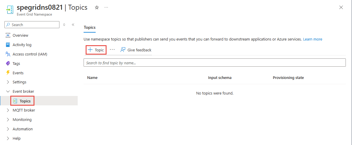 Captura de tela mostrando a criação do tópico do namespace Event Grid.