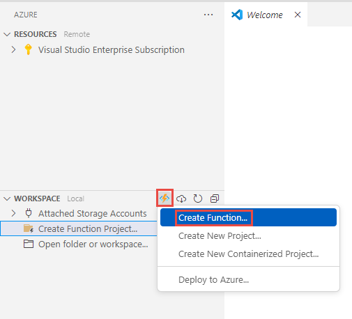 Captura de tela que mostra a guia Azure do Visual Studio Code com o comando de menu para criar uma função.