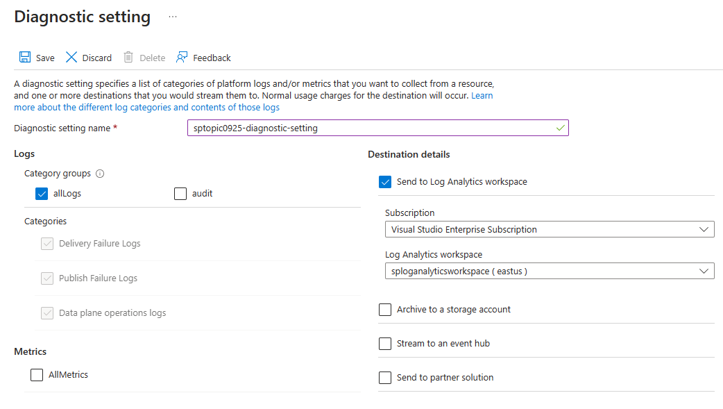 Captura de tela que mostra a página Configurações de diagnóstico com a opção Enviar para o Log Analytics selecionada.