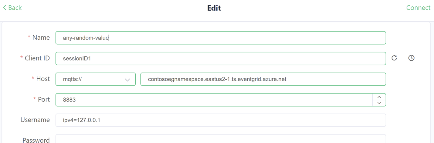 Captura de tela mostrando a configuração do cliente do aplicativo MQTTX com a primeira sessão.