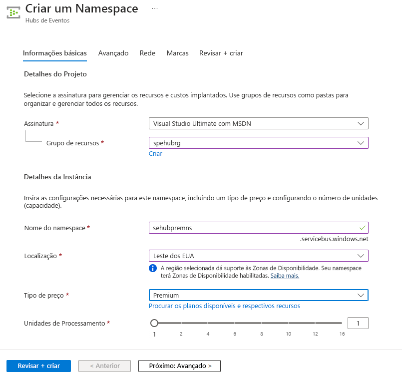 Captura de tela que mostra as unidades de configurações de processamento no assistente Criar namespace.