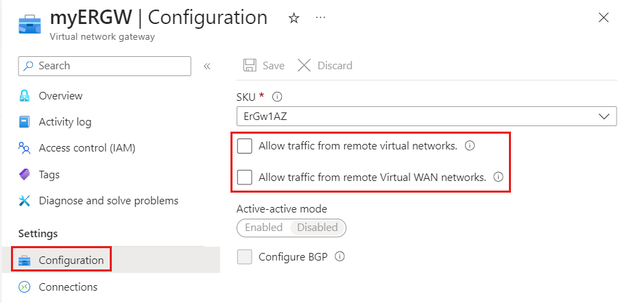 Captura de tela que mostra como habilitar VNet para VNet e VNet para tráfego WAN.