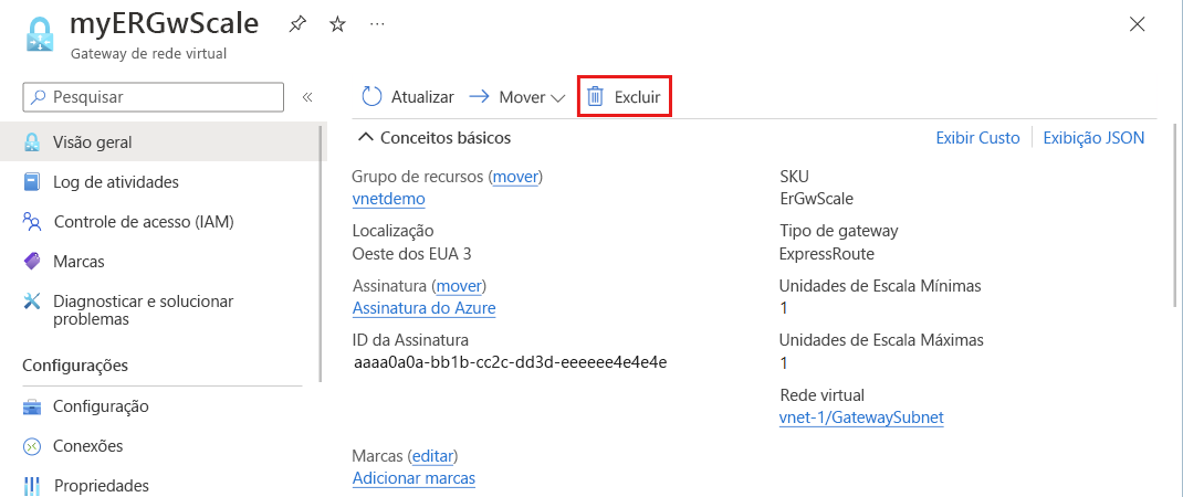 Captura de tela que mostra como excluir o gateway de rede virtual.