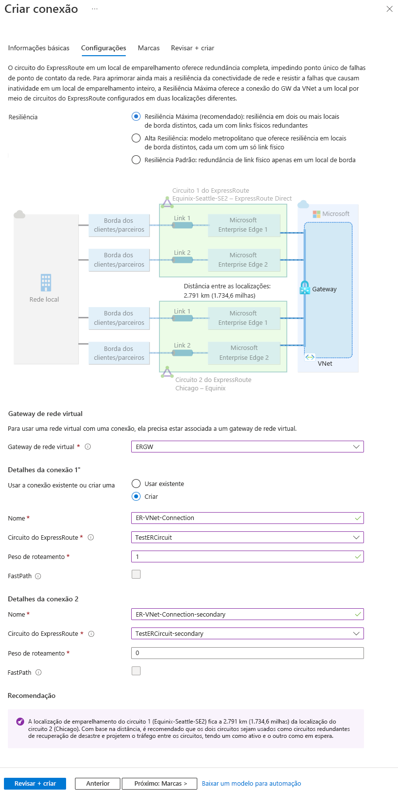 Captura de ecrã da página de definições para ligações ExpressRoute de resiliência máxima a um gateway de rede virtual.