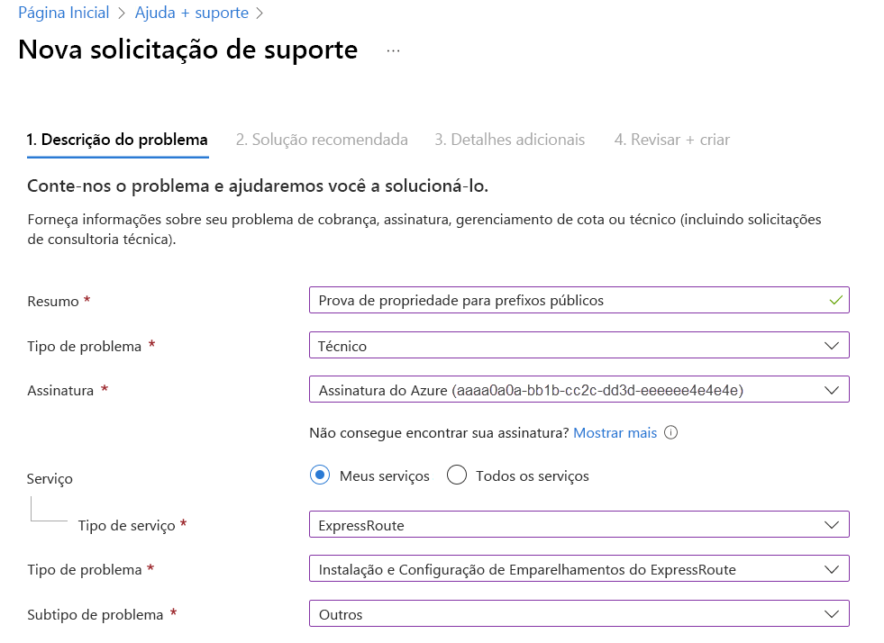 Captura de tela mostrando nova solicitação de tíquete de suporte para enviar prova de propriedade para prefixos públicos.