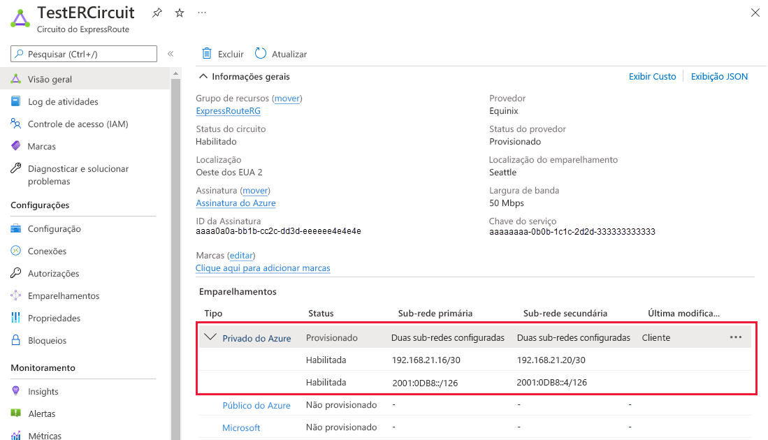 Captura de ecrã a mostrar como visualizar propriedades privadas de emparelhamento.