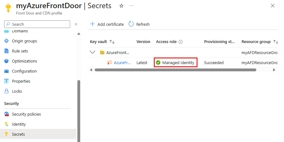 Captura de ecrã do Azure Front Door a utilizar a identidade gerida para aceder ao certificado no Cofre da Chave.