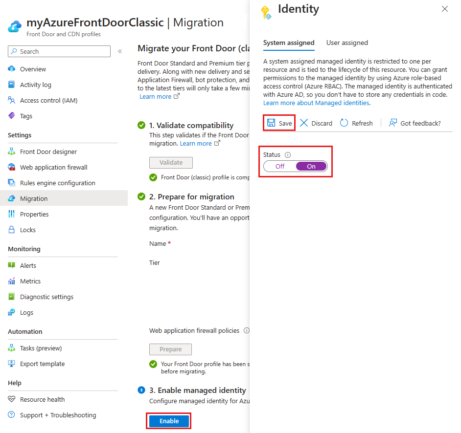 Captura de tela do botão habilitar identidade gerenciada para migração do Azure Front Door.