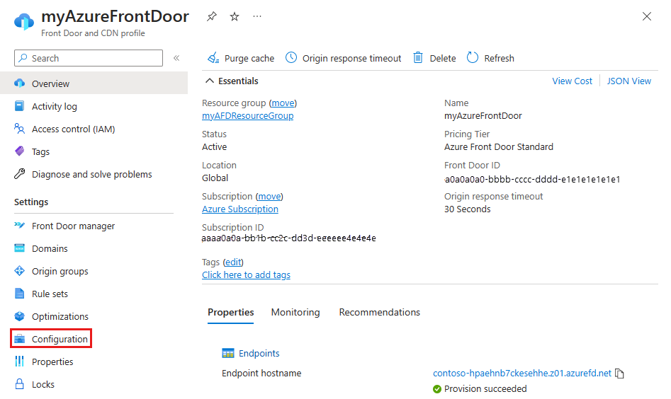 Captura de ecrã do botão de configuração em definições para um perfil do Azure Front Door Standard.