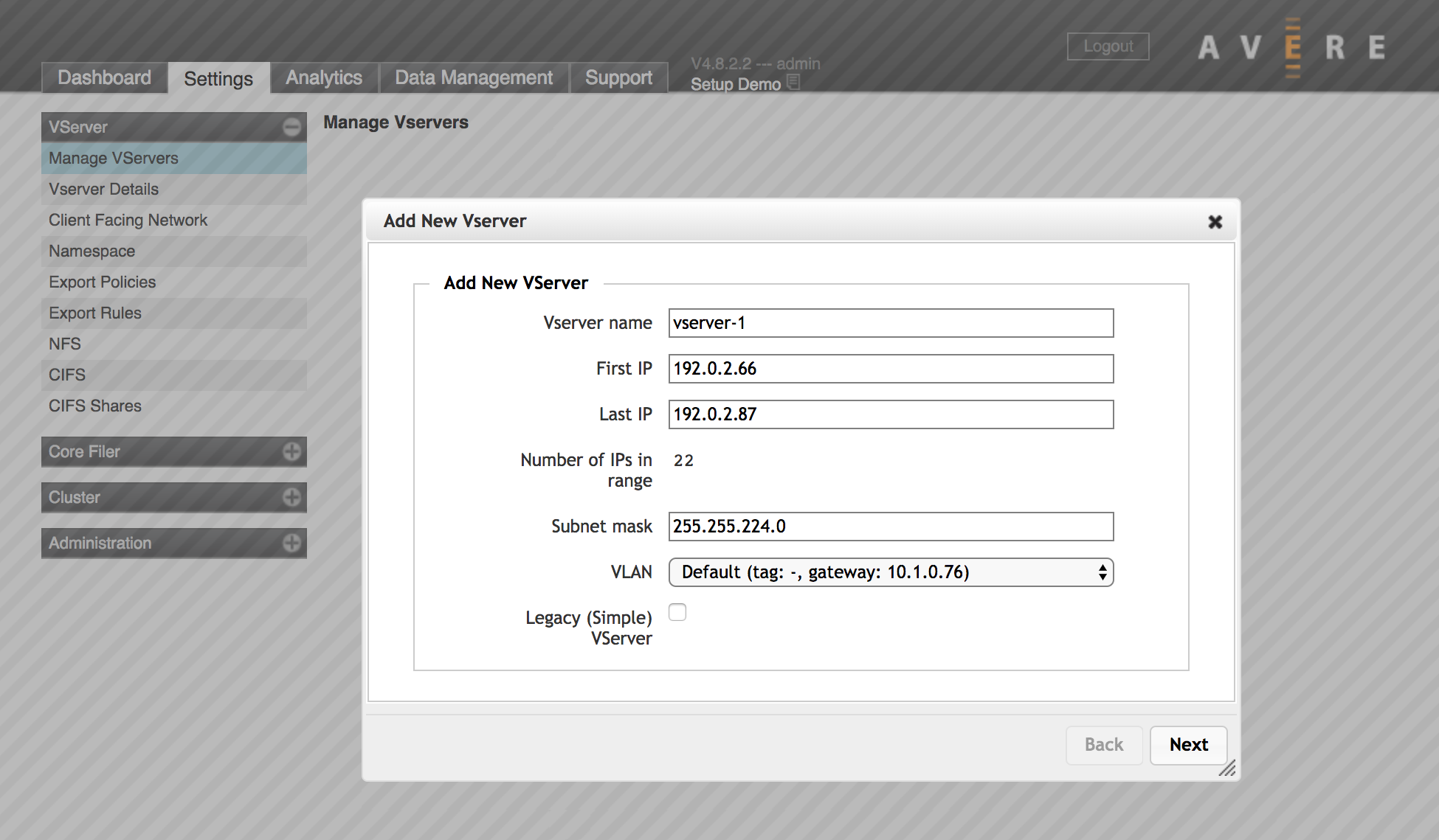 Janela pop-up para criar um novo vserver