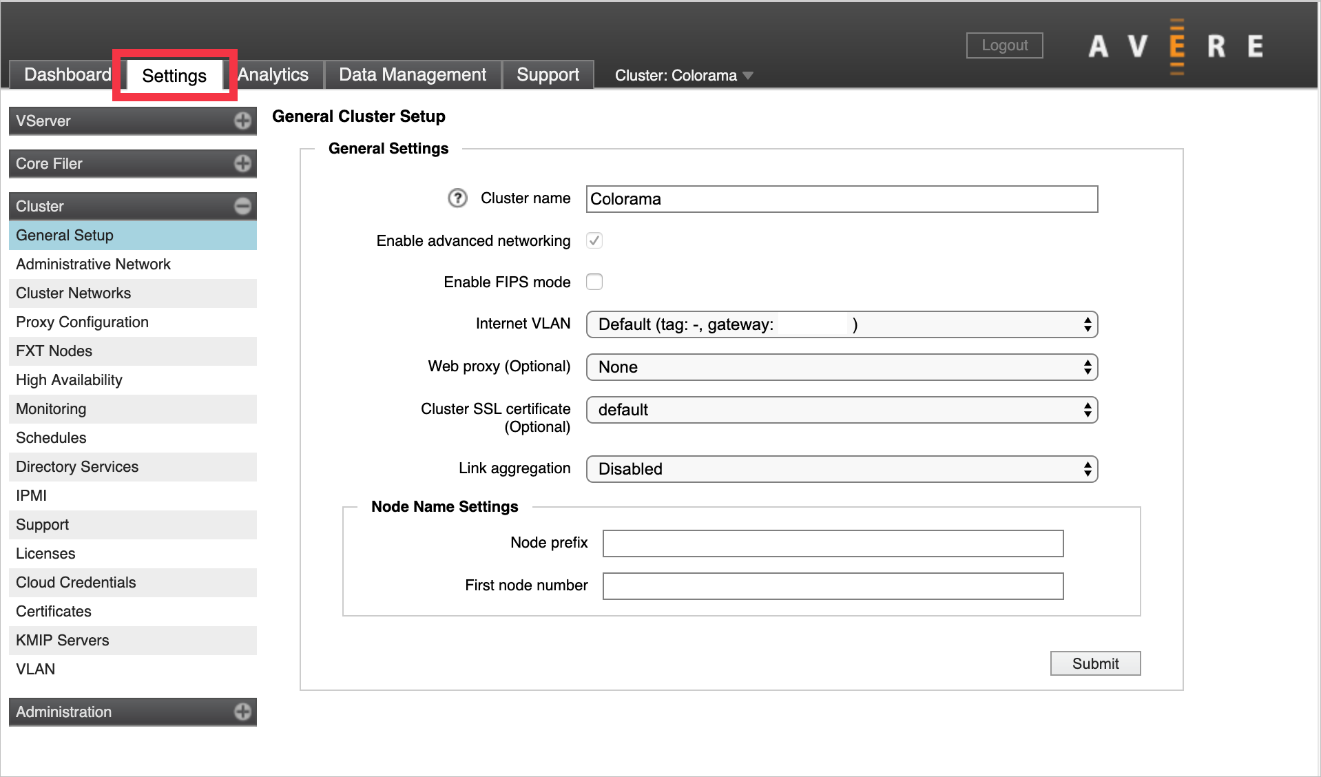 Separador Definições do painel de controlo (no browser) com a página Configuração Geral do Cluster > carregada