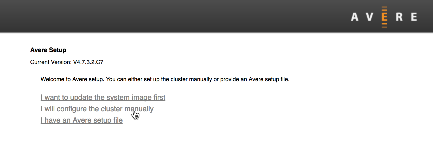 Ecrã de configuração inicial para um nó não configurado no painel de controlo GUI baseado no browser. Mostra opções para atualizar software, configurar um cluster manualmente ou configurar um cluster a partir de um ficheiro de configuração.