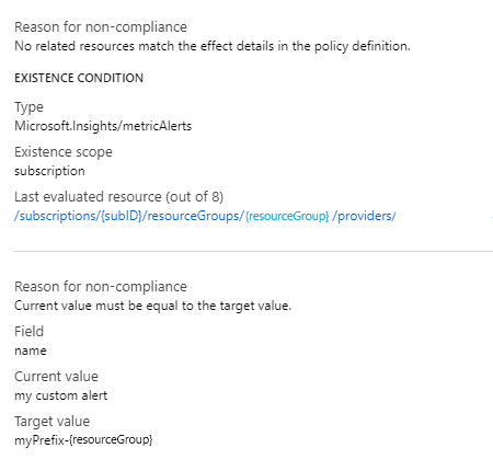 Captura de tela do painel Detalhes de conformidade para ifNotExists, incluindo a contagem de recursos avaliados.