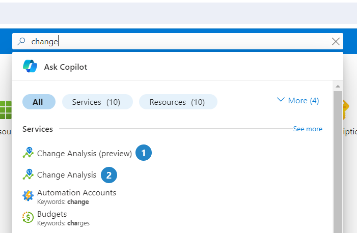 Captura de ecrã dos resultados da pesquisa para Análise de Alterações no portal do Azure.