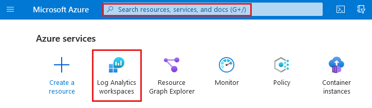 Captura de ecrã da home page do Azure que destaca o campo de pesquisa e os espaços de trabalho do Log Analytics.