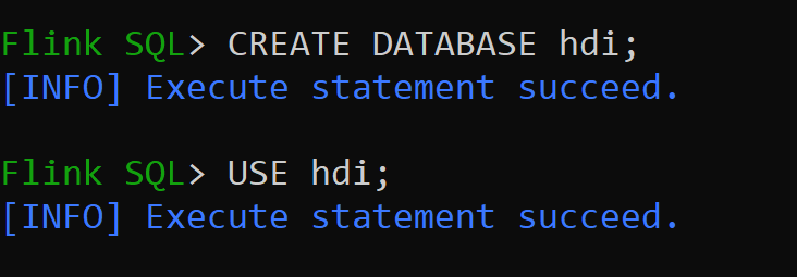 Captura de tela mostrando a criação do banco de dados no catálogo do hive e tornando-o catálogo padrão para a sessão.