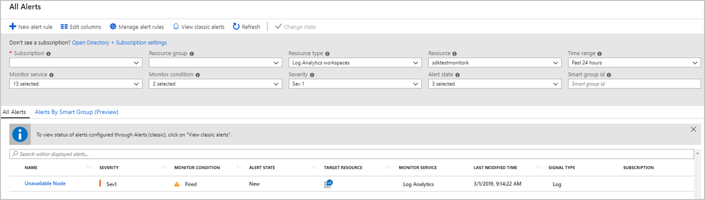 Captura de tela mostrando o alerta de gravidade do espaço de trabalho do Log Analytics.